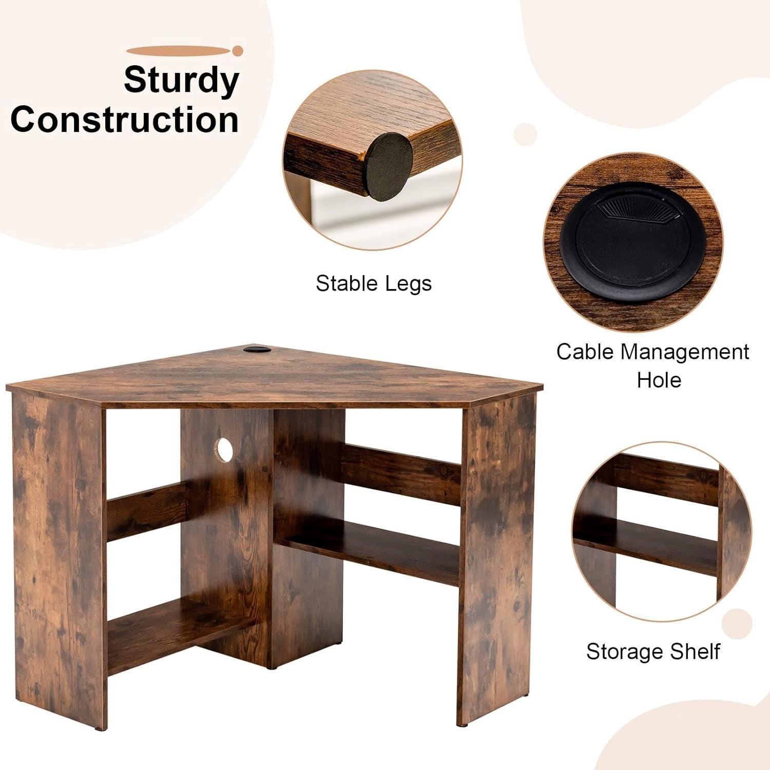 Rustic Brown Corner Computer Desk with Shelves & Cable Holes, 120cm