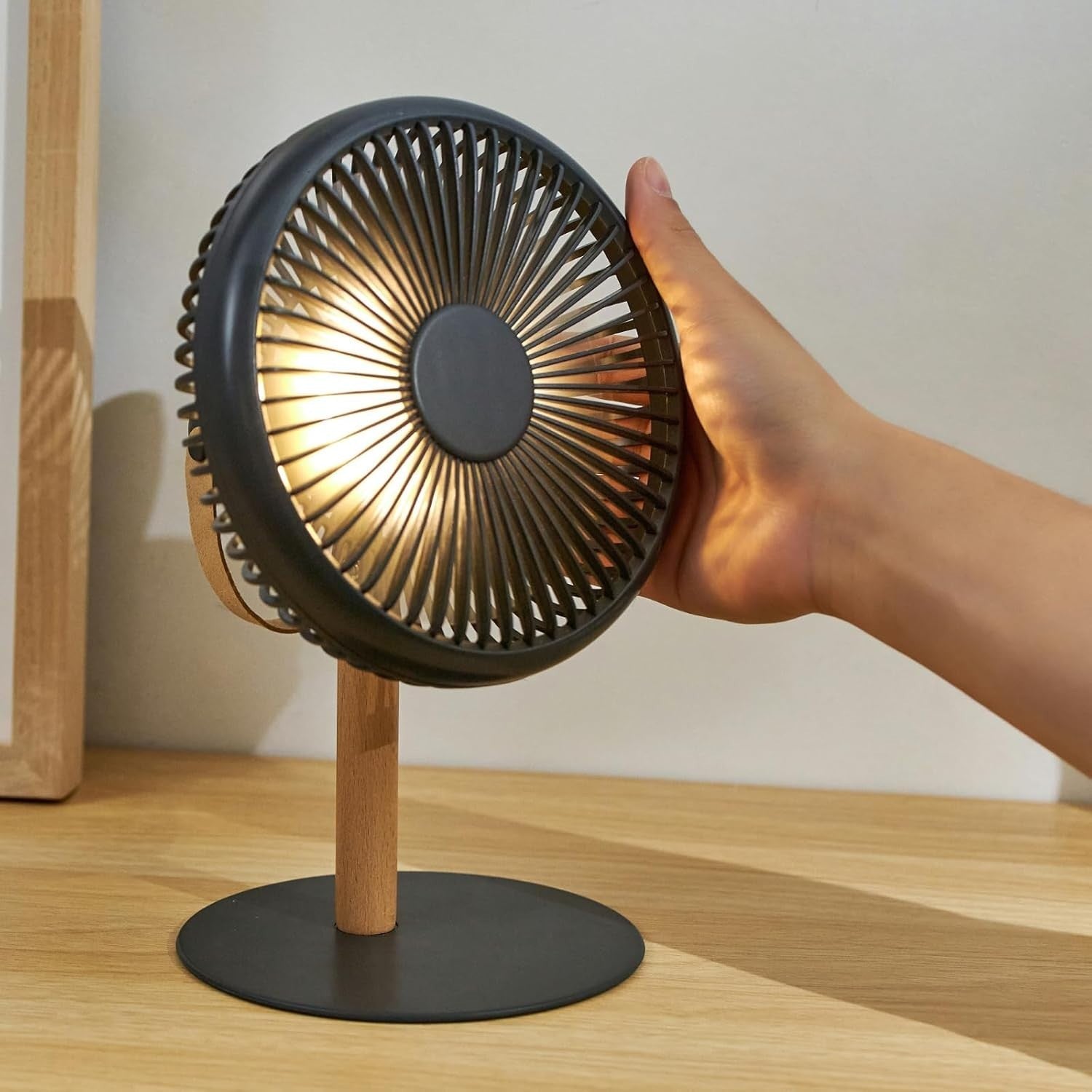 Portable Desk Fan 2-in-1 Rechargeable USB Remote Control Quiet Cooling LED Grey