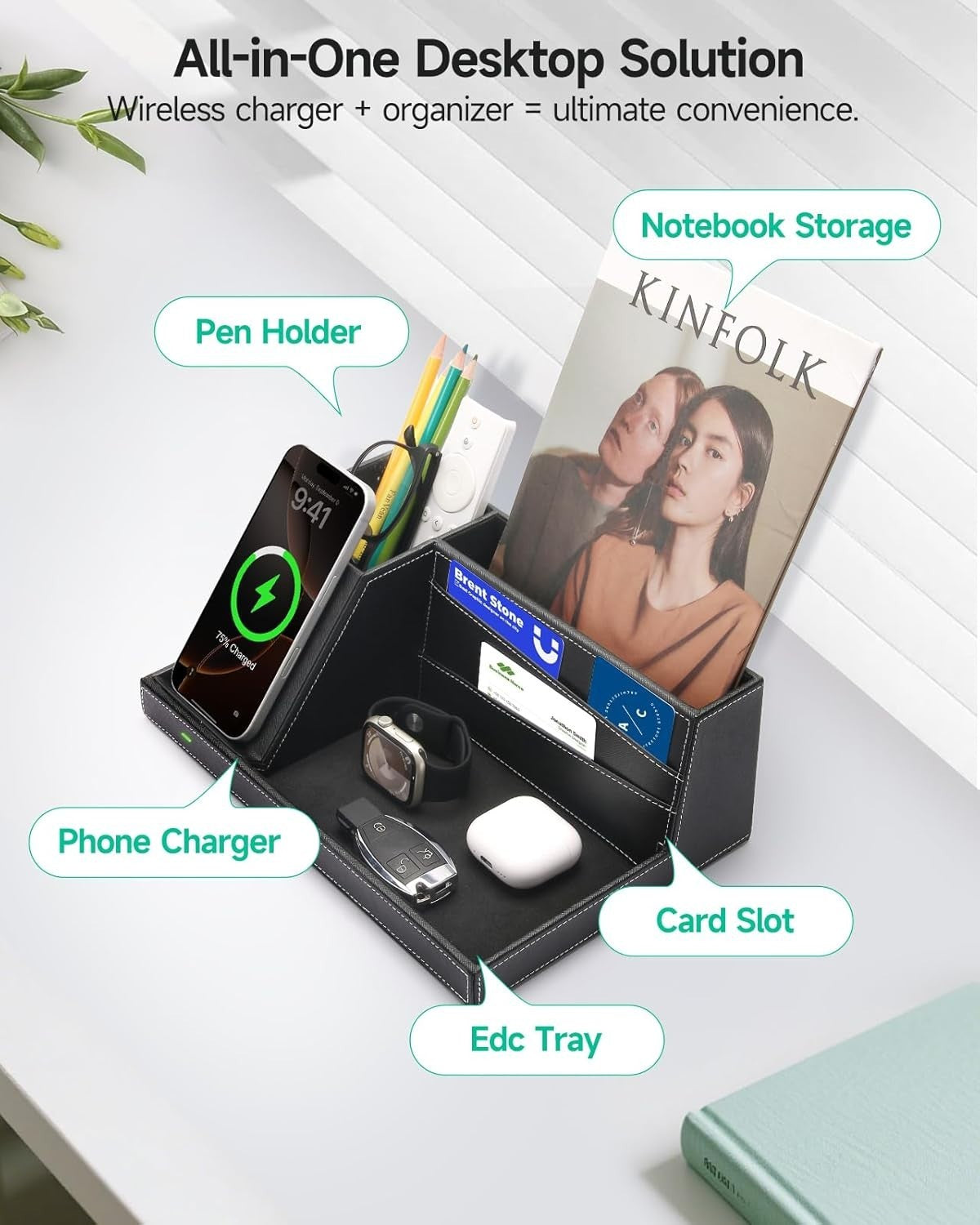 Wireless Charger Desk Organiser Leather Phone Charging Station Valet Tray