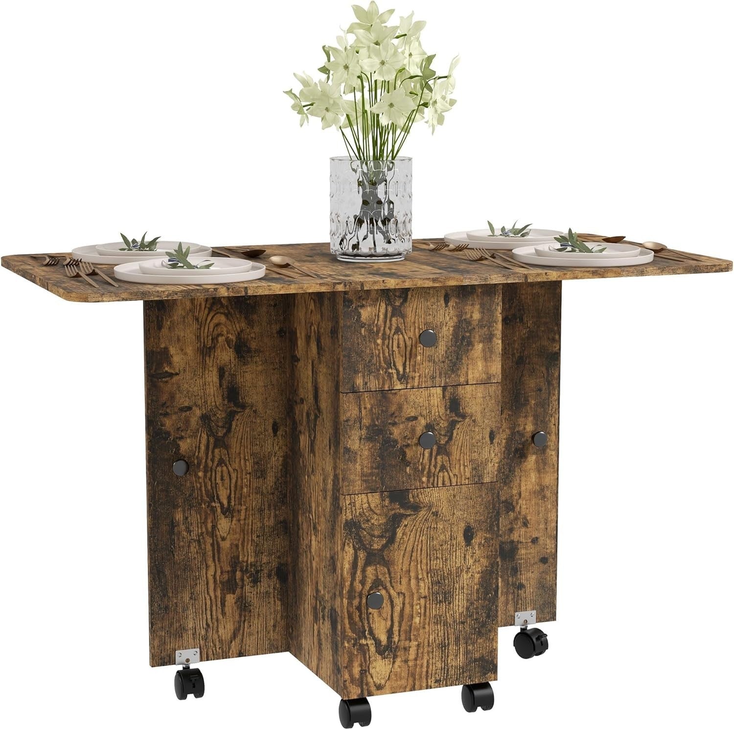Folding Drop Leaf Dining Table 4-6 Seater on Wheels with Storage Rustic Brown