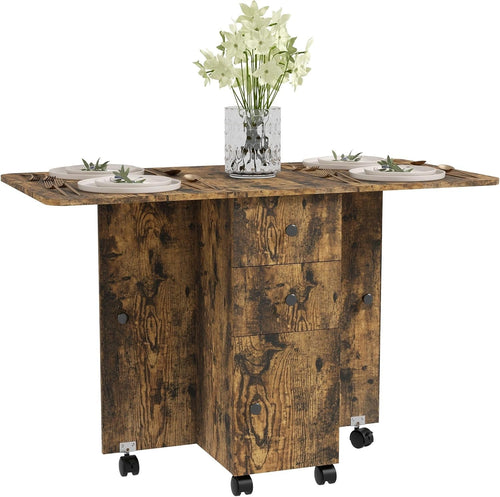 Folding Drop Leaf Dining Table 4-6 Seater on Wheels with Storage Rustic Brown