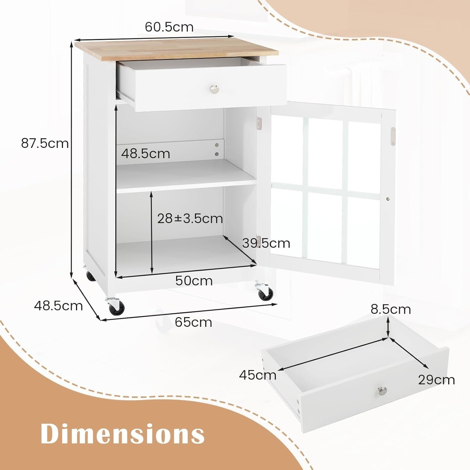 Kitchen Island on Wheels Rubber Wood Top Cabinet