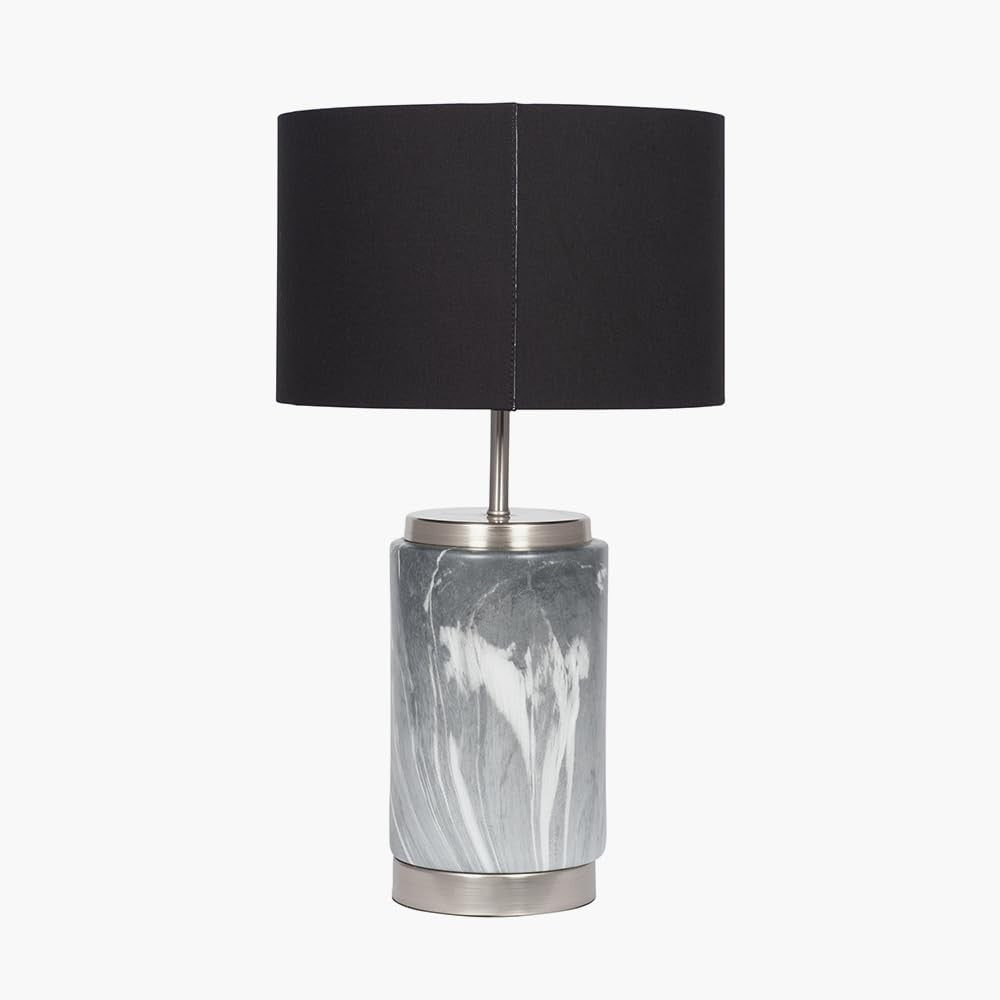 Tall Grey Marble Ceramic Table Lamp with Gold Detail & Black Drum Shade