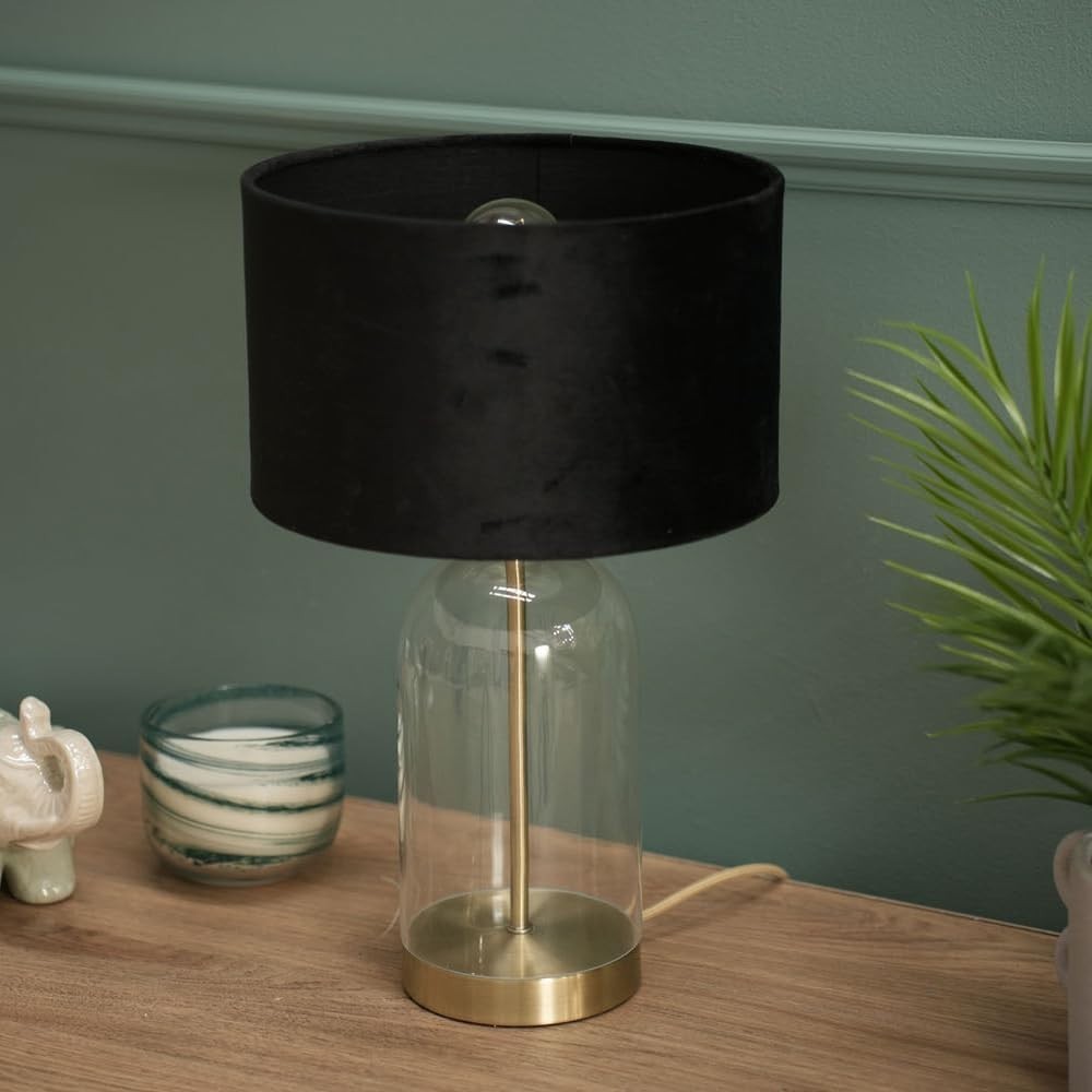Gold Glass Table Lamp Black Velvet Shade Bedside Desk Modern Light