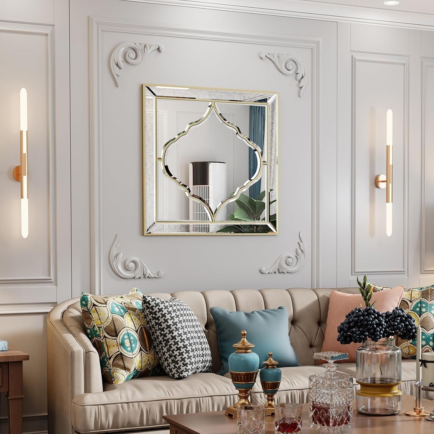 Luxury Gold Wall Mirror 60x60cm Clear Glass Beveled Frame for Hallway