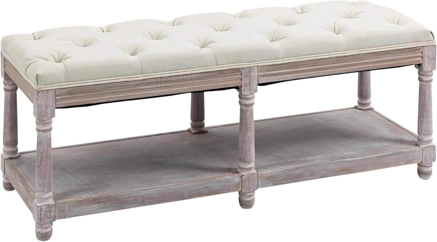 Cream White Upholstered Bed End Bench with Shelf, Tufted Seat Storage