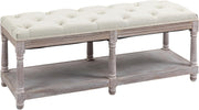 Cream White Upholstered Bed End Bench with Shelf, Tufted Seat Storage