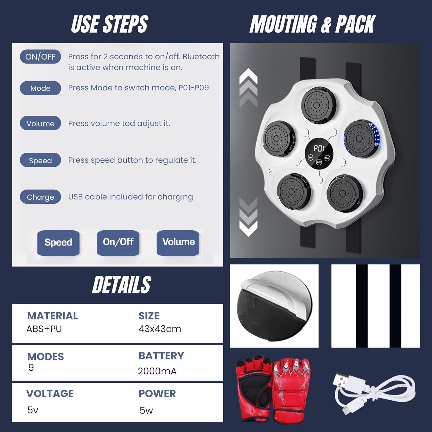 Music Boxing Machine Wall Mounted Bluetooth LED Punch Trainer Home