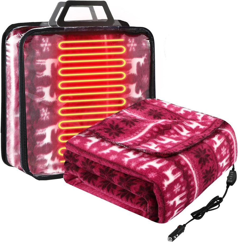 12V Heated Car Blanket Electric Travel Throw Temperature Control Winter Warm