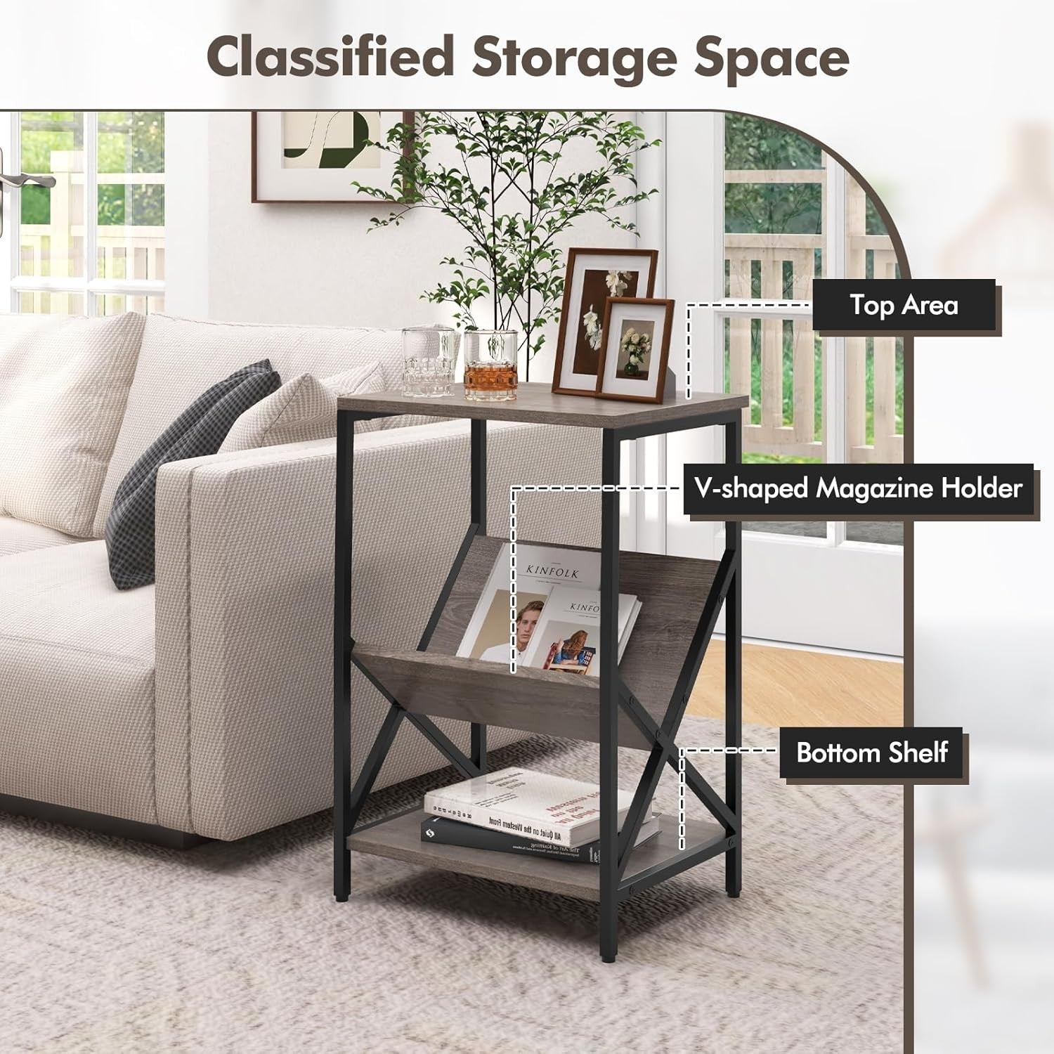 Industrial Record Player Side Table with Storage Shelf, Metal Frame, 2-Tier End