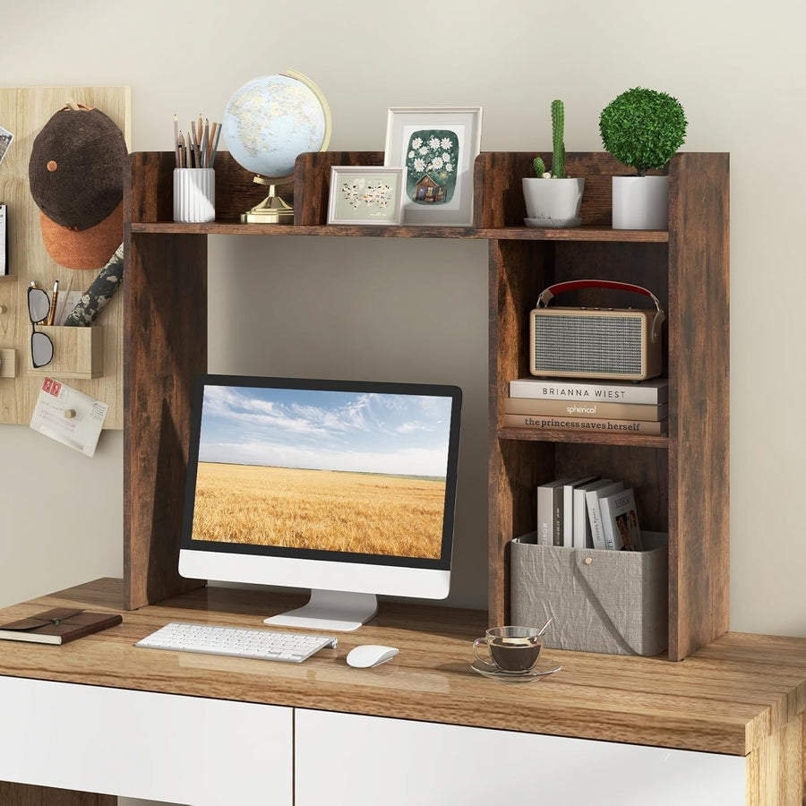 3-Tier Desktop Hutch Bookshelf Space-Saving Desk Organizer Rustic Brown