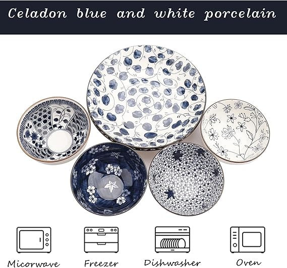 Blue White Porcelain Dinner Set Plates Bowls 6pc Japanese Style Crockery