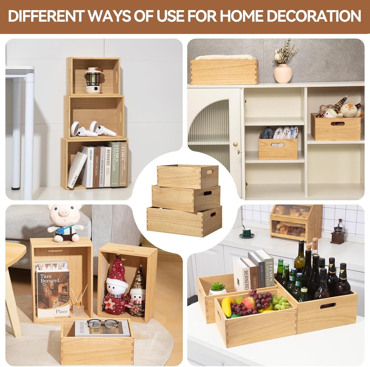Set of 3 Nesting Wooden Crates with Handles 42.3x32x18.5cm Natural Organizer