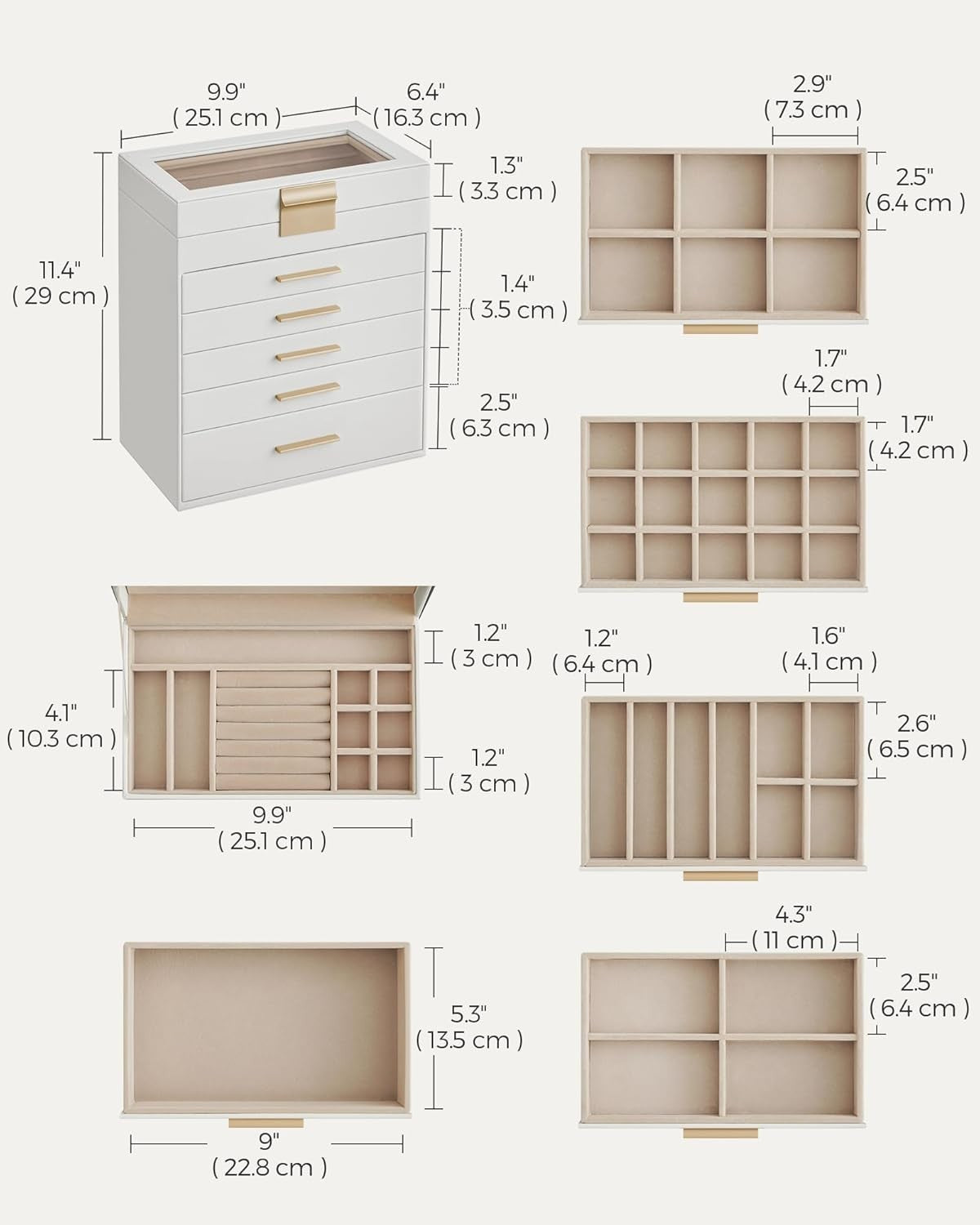 Cloud White Gold Glass Lid Jewellery Box 6 Layer Storage with 5 Drawers