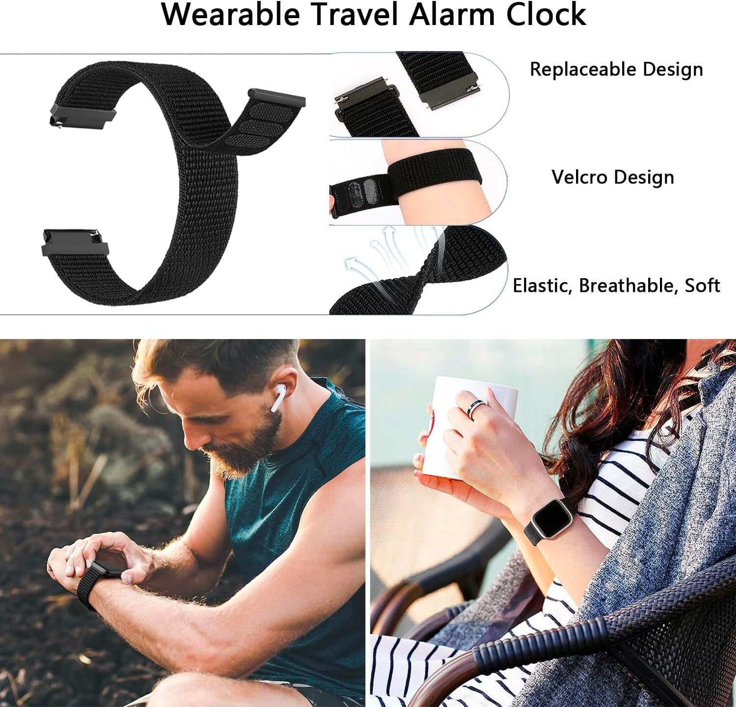 Silent Vibrating Alarm Clock Wrist Watch for Heavy Sleepers Black