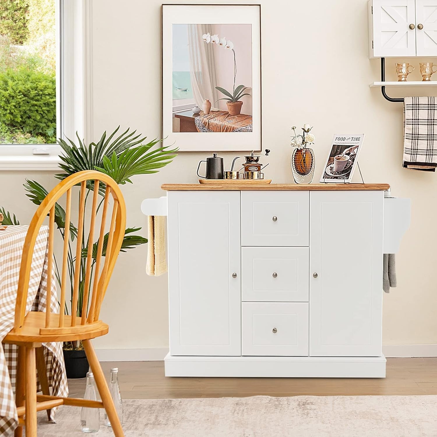 Large Kitchen Island on Wheels Storage Trolley Cabinet Drawers Solid Wood Top
