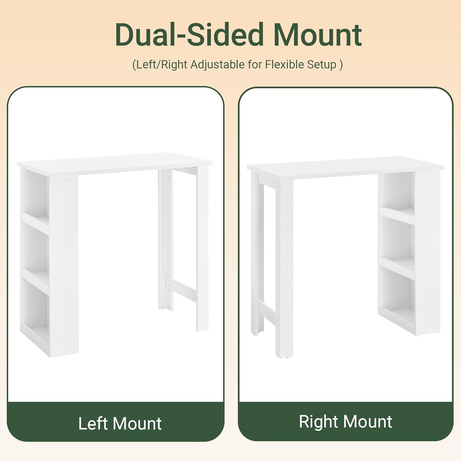 White Breakfast Bar Table with 3-Tier Storage Shelves Modern Dining Desk