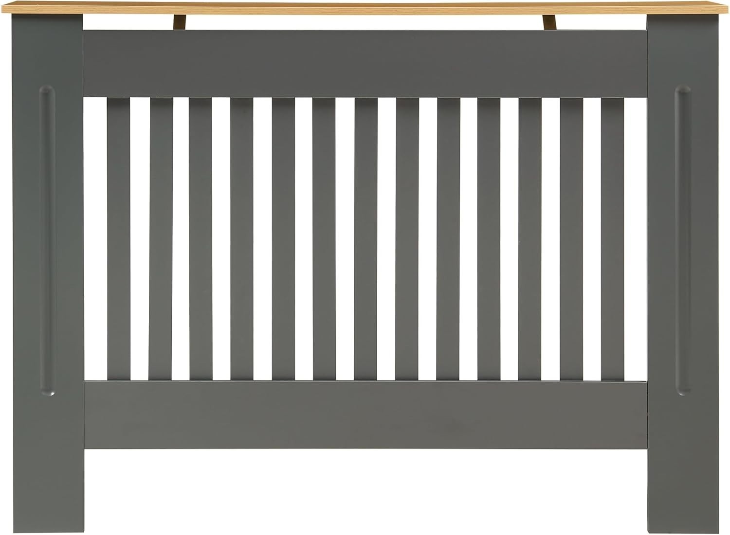Modern Grey Radiator Cover Medium Slatted Wood Cabinet 112cm Stylish Shelf