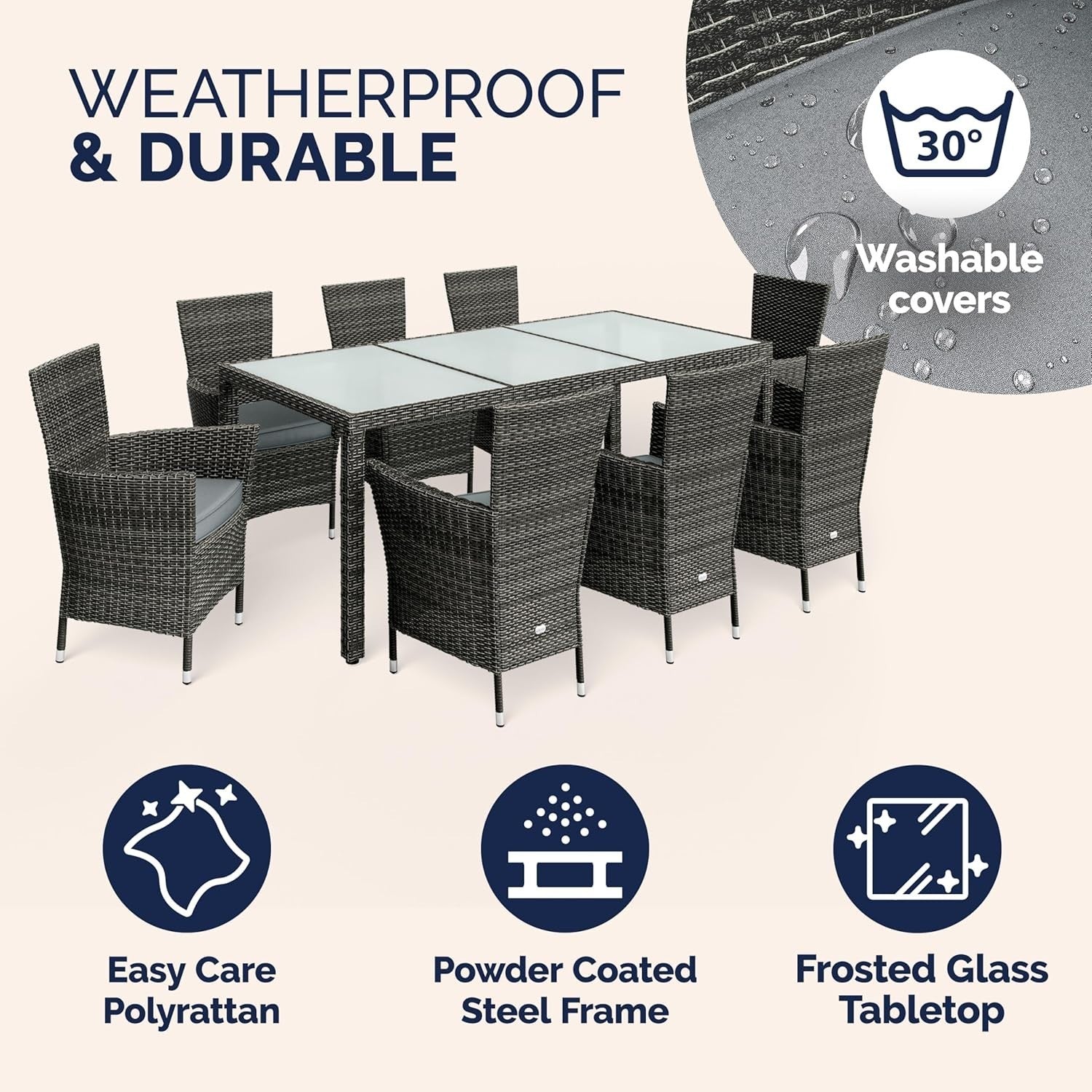 9 Seater Rattan Garden Dining Set w/ Glass Table & Cushions Outdoor Patio