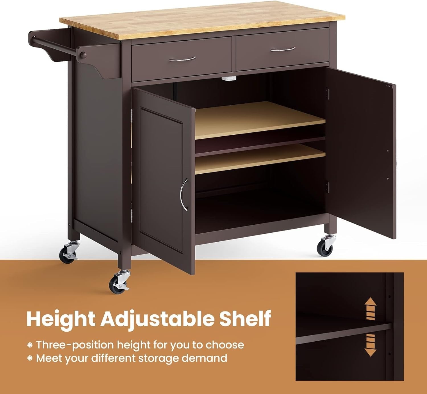 Rolling Kitchen Island Cart with 2 Drawers, Adjustable Shelf & Towel Rack.