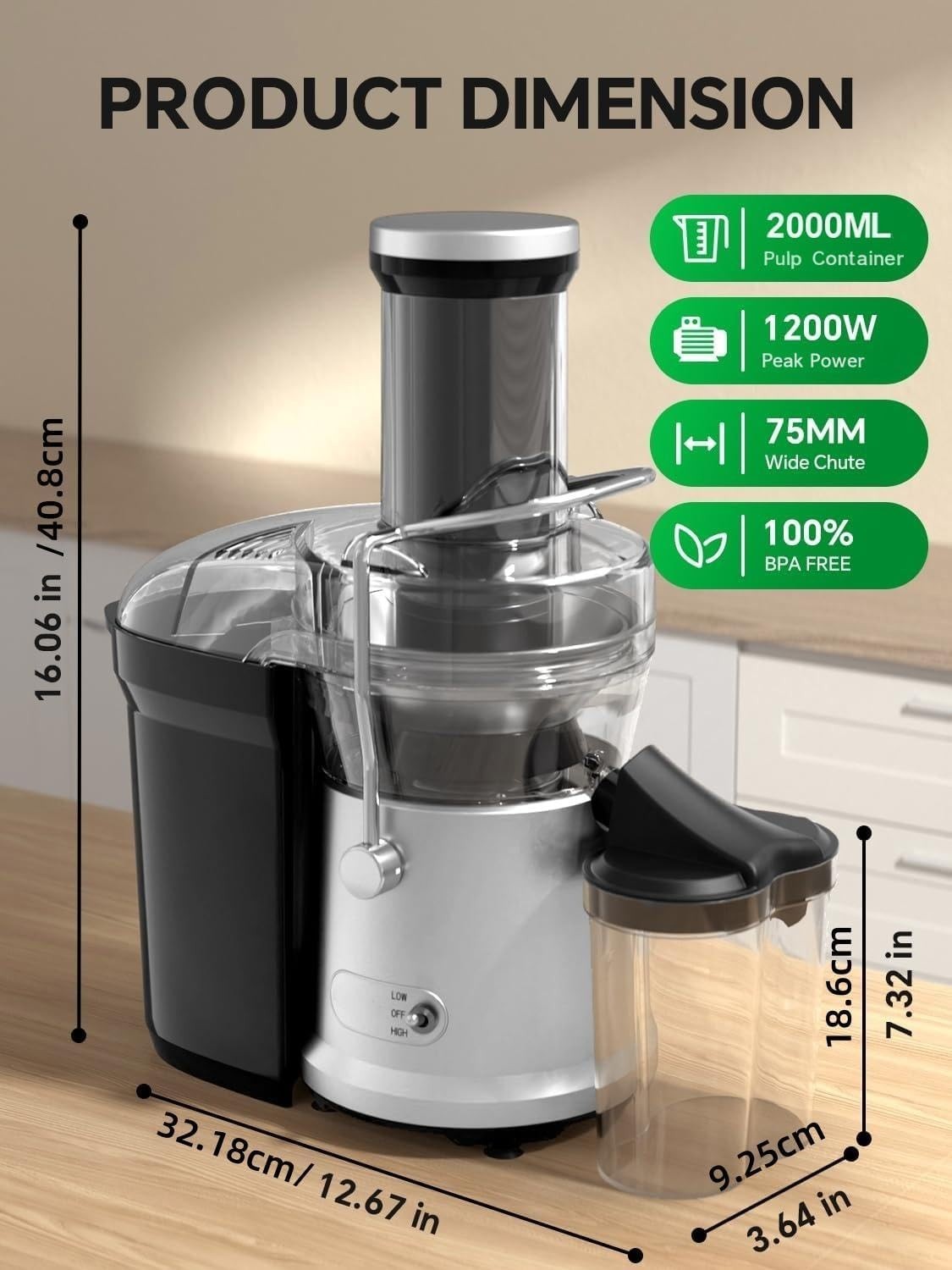 1200W Centrifugal Juicer 75mm Wide Chute Whole Fruit High Yield