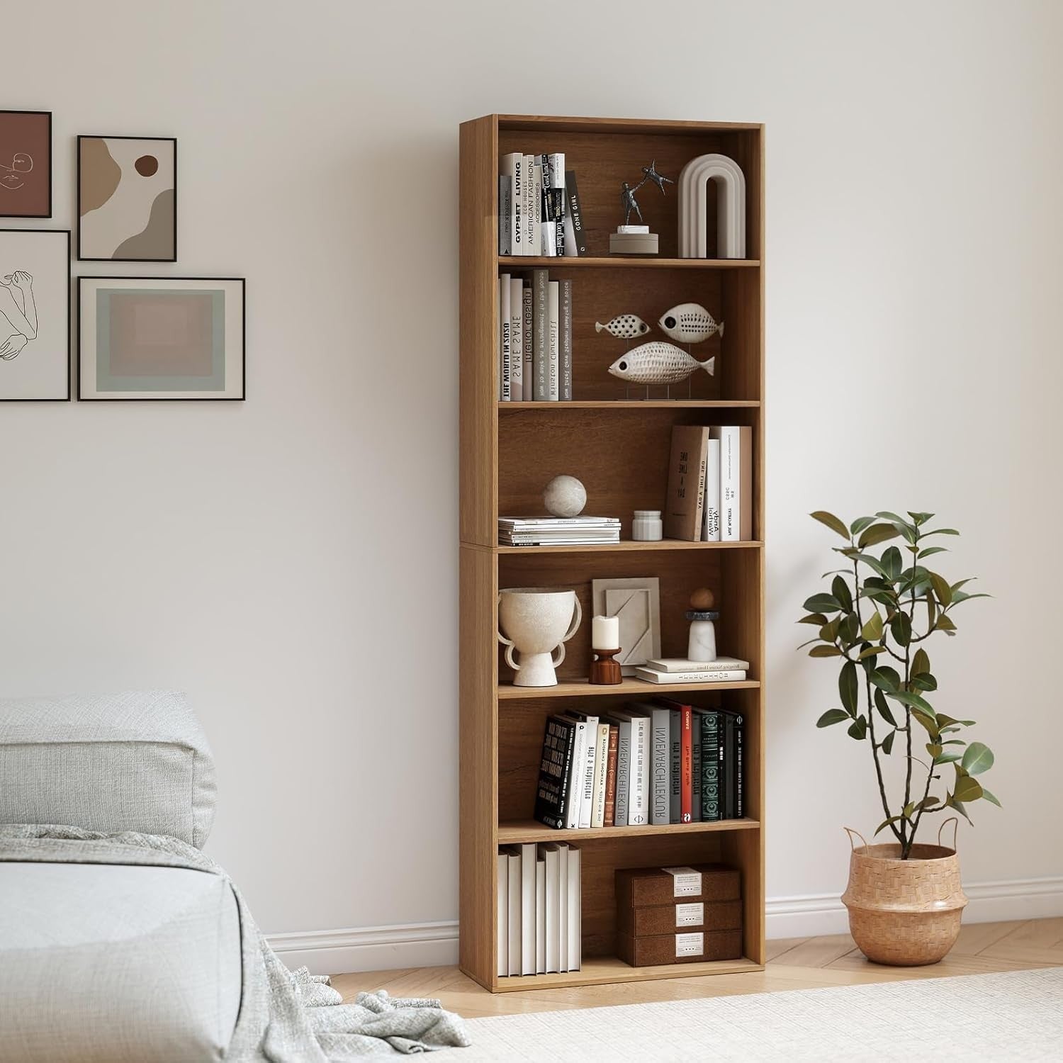 Tall 6-Tier Wooden Bookcase Storage Unit with Doors, Anti-Tip, Narrow Slim Shelf