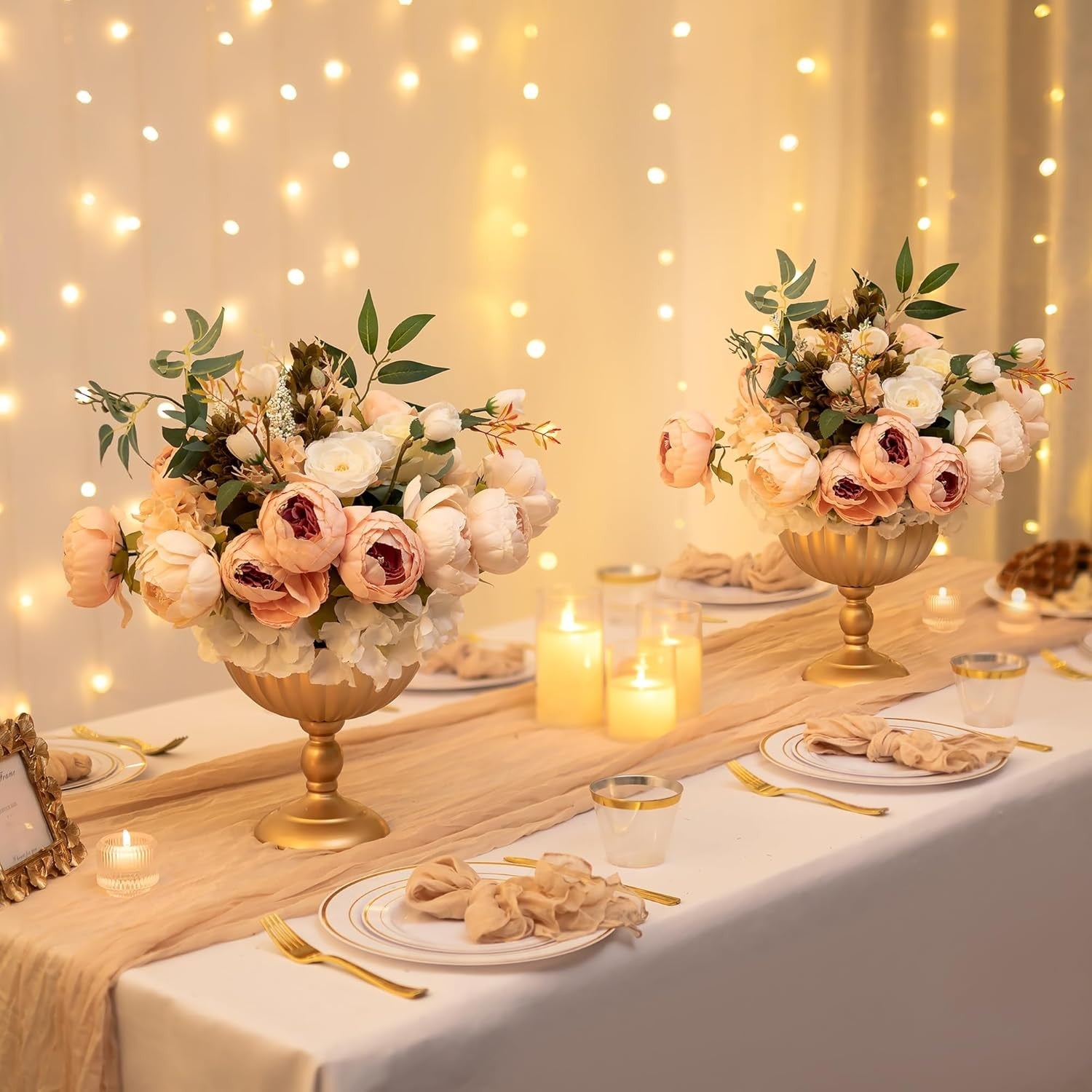 Gold Urn Wedding Centrepiece Vase Pair – 20cm Metal Flower Table Decor