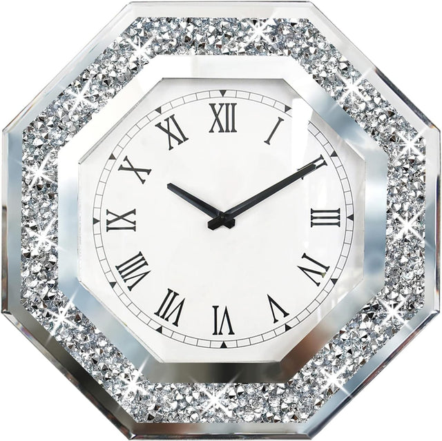 Octagon Mirror Wall Clock Diamond Frame Silent Non-Ticking 12 Inch Decor