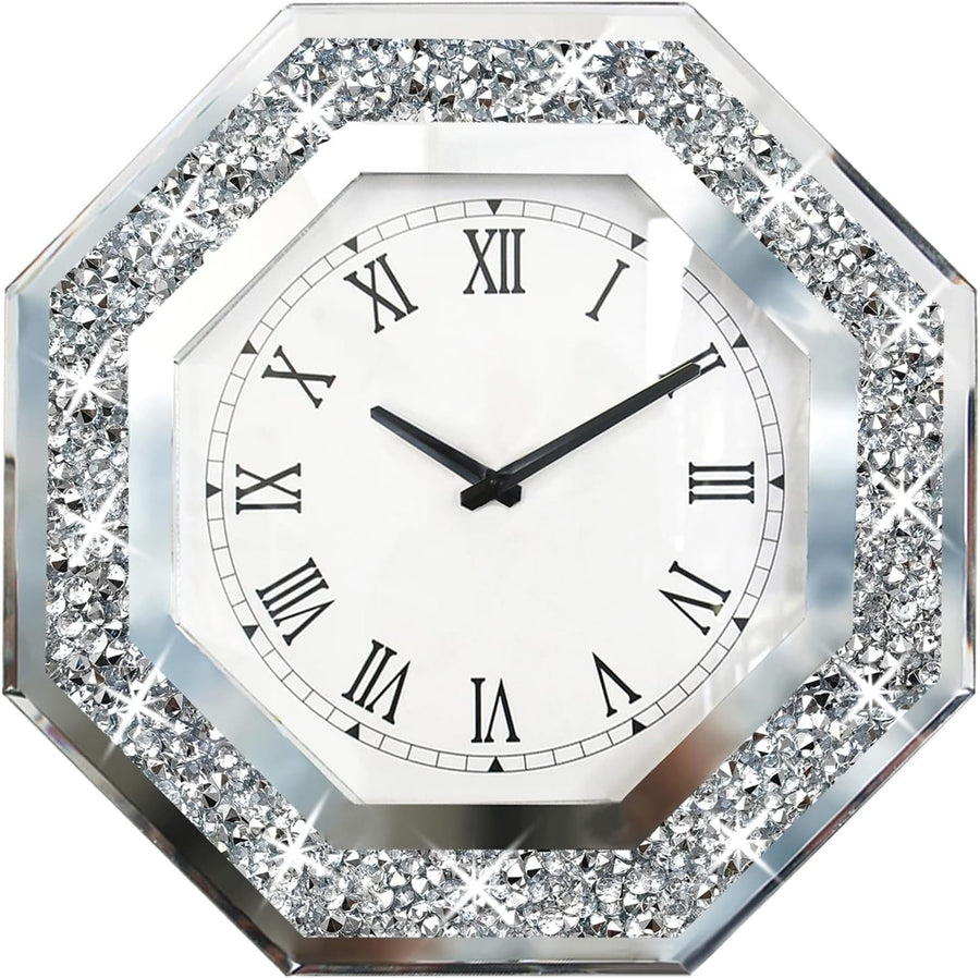 Octagon Mirror Wall Clock Diamond Frame Silent Non-Ticking 12 Inch Decor