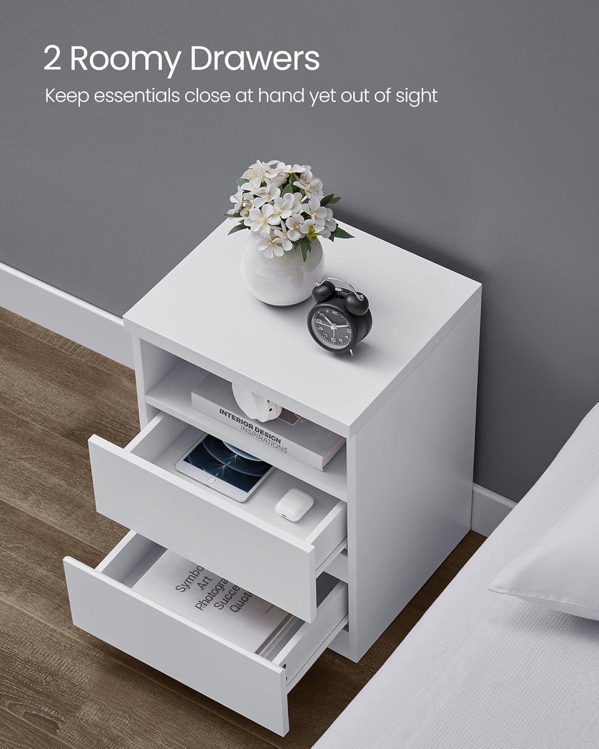 Set of 2 White LED Bedside Tables with Drawers, Modern Storage Nightstands
