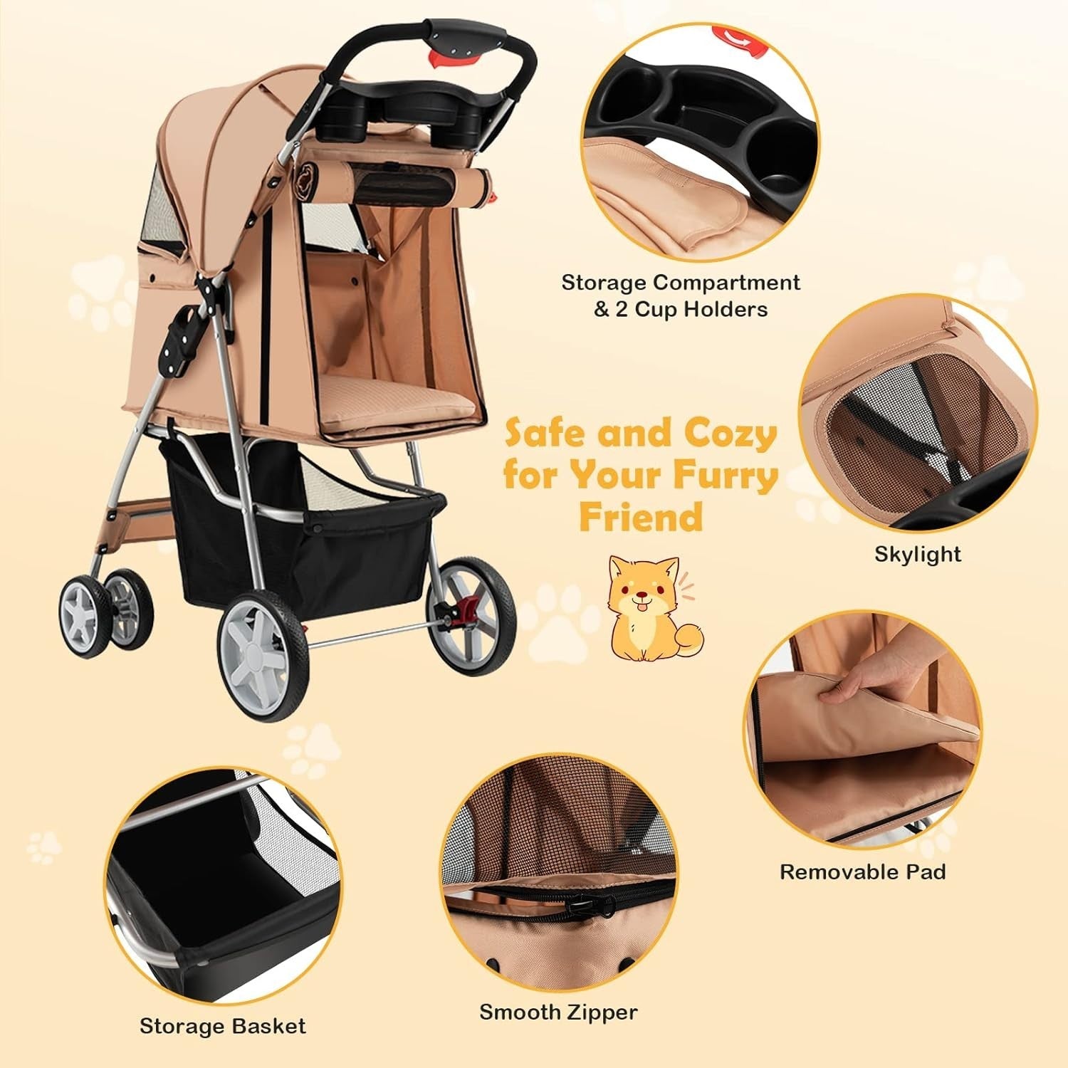 Beige Pet Stroller Foldable Dog Cat Pushchair 15kg Storage Basket
