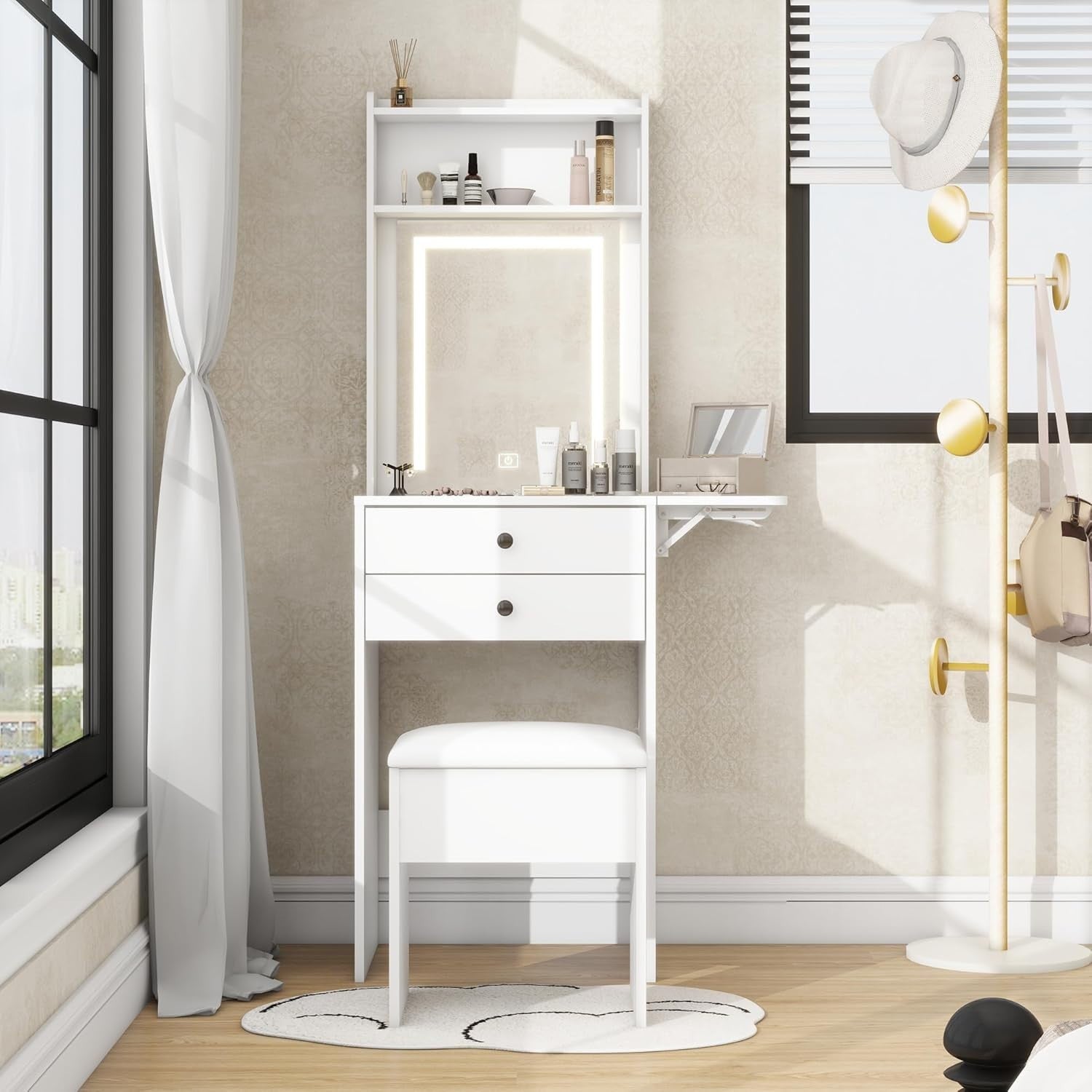 LED Vanity Dressing Table Mirror Desk Stool Set Compact Small Space Storage Whit