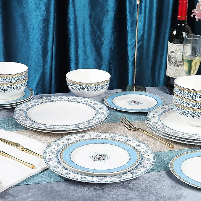 18pc Blue White Porcelain Dinner Set for 6 Plates Bowls Patterned Tableware