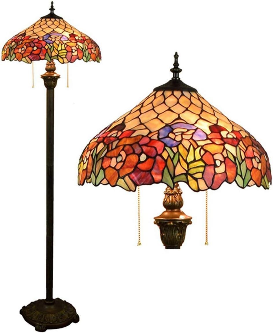 Stained Glass Floor Lamp 63" Tall | Vintage Resin Base, 16" Shade, E27
