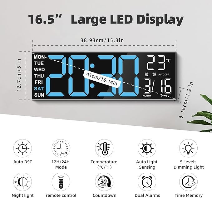 16" RGB Digital Wall Clock Large LED Display Temp Date Auto-DST Remote Dimmer