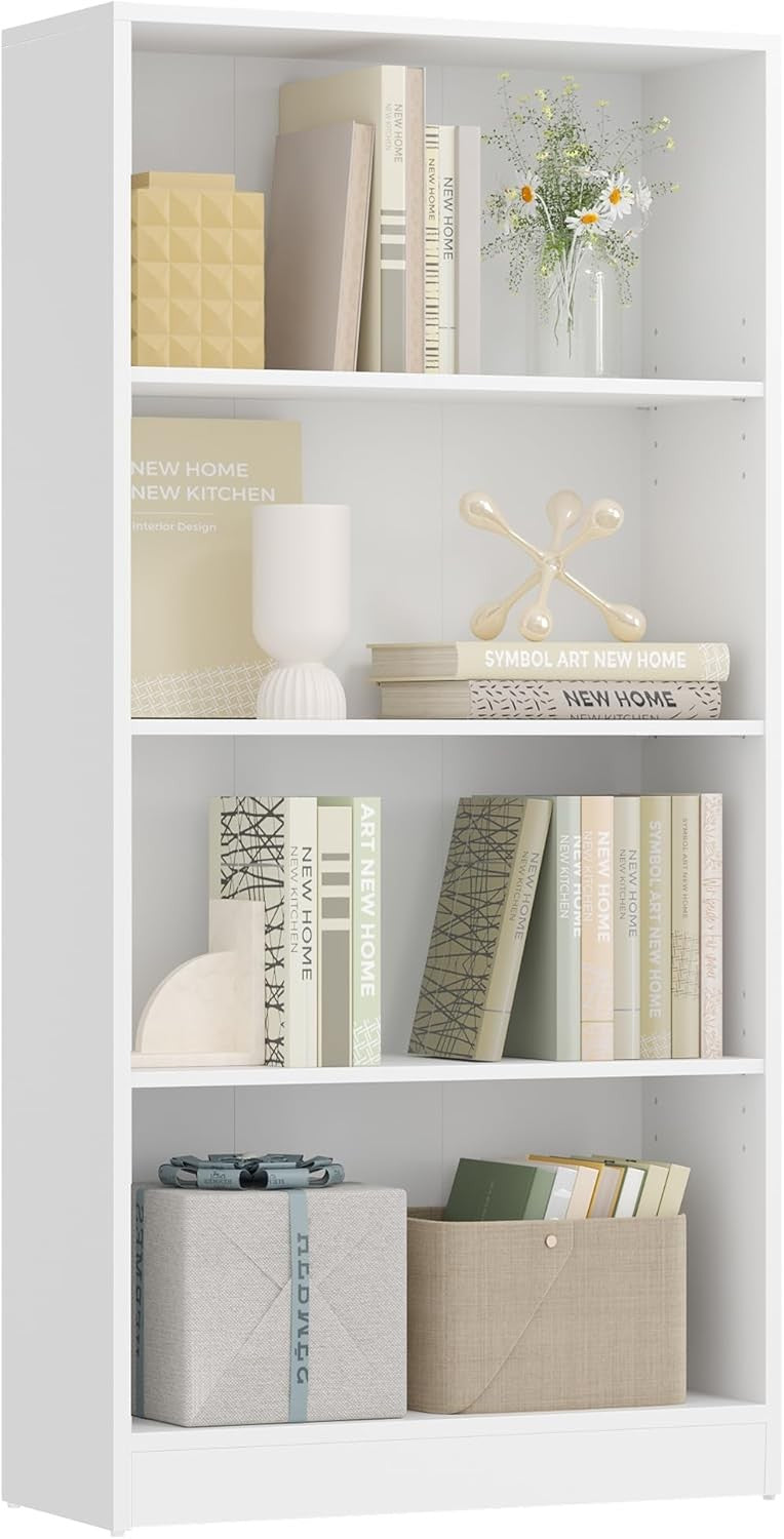 4-Tier White Bookcase Adjustable Shelves Modern Storage Unit 60cm Wide