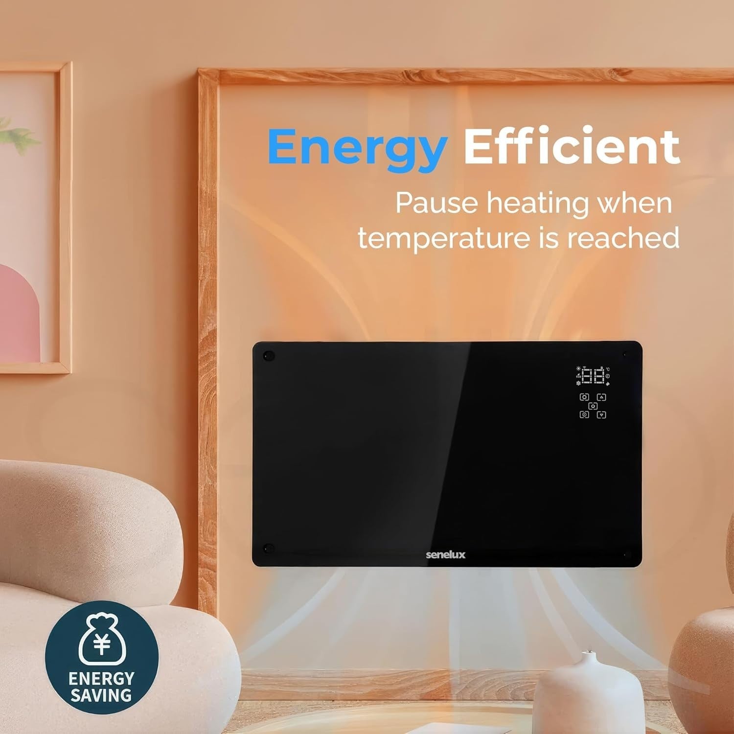 2000W WiFi Smart Electric Glass Panel Heater Black Remote Control
