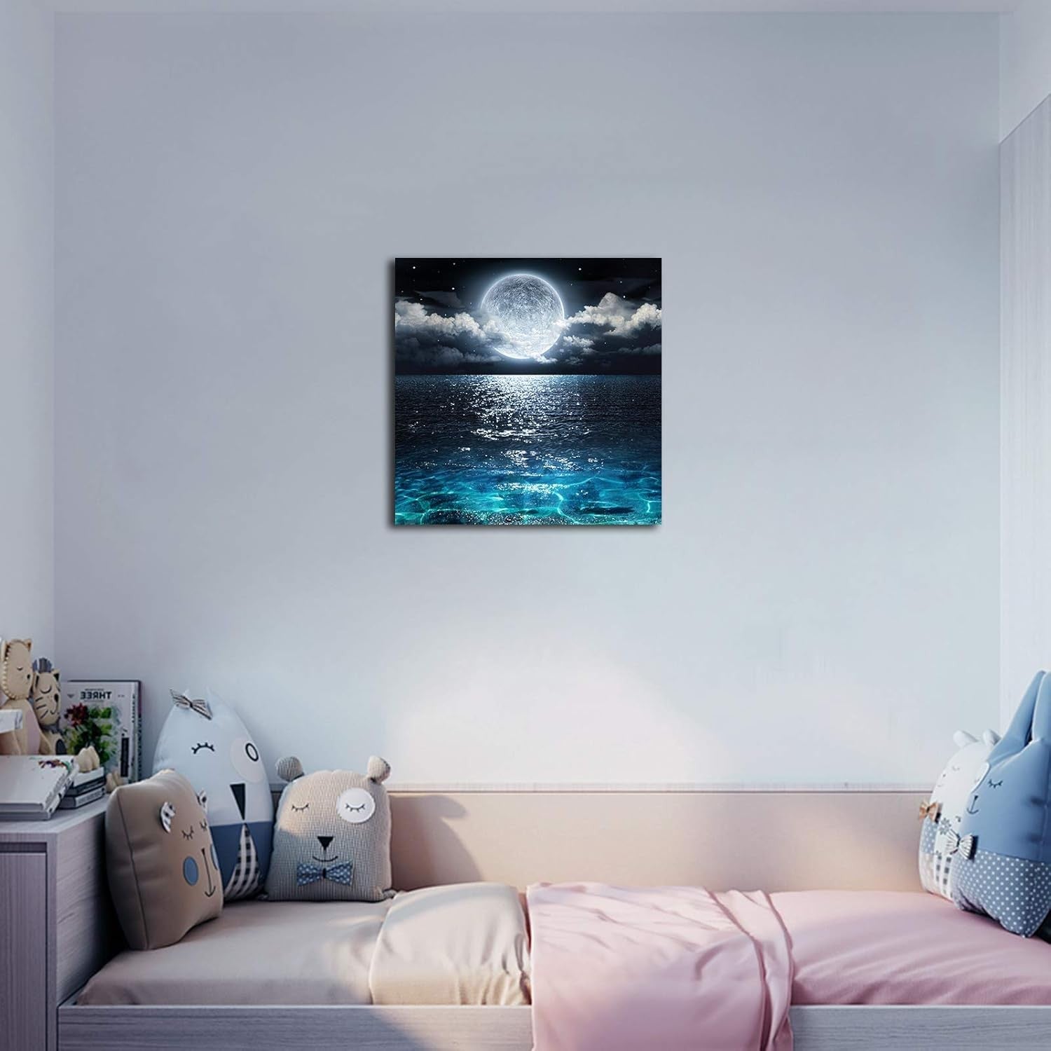 Moon Ocean Canvas Wall Art 12x12 Night Seascape Blue Framed Bedroom Decor
