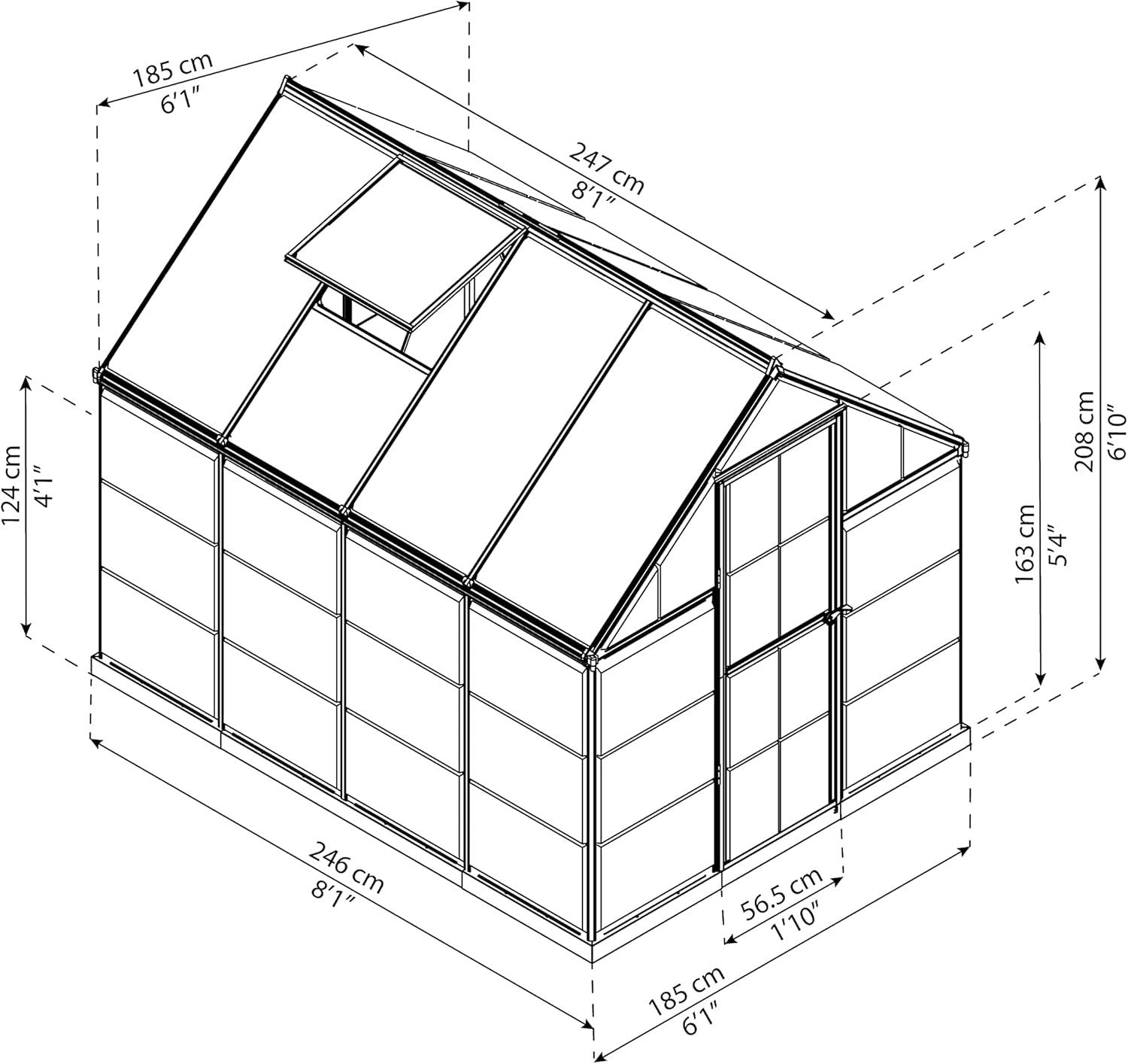 6x8ft Aluminium Greenhouse with Polycarbonate Panels & Roof Vent – Silver