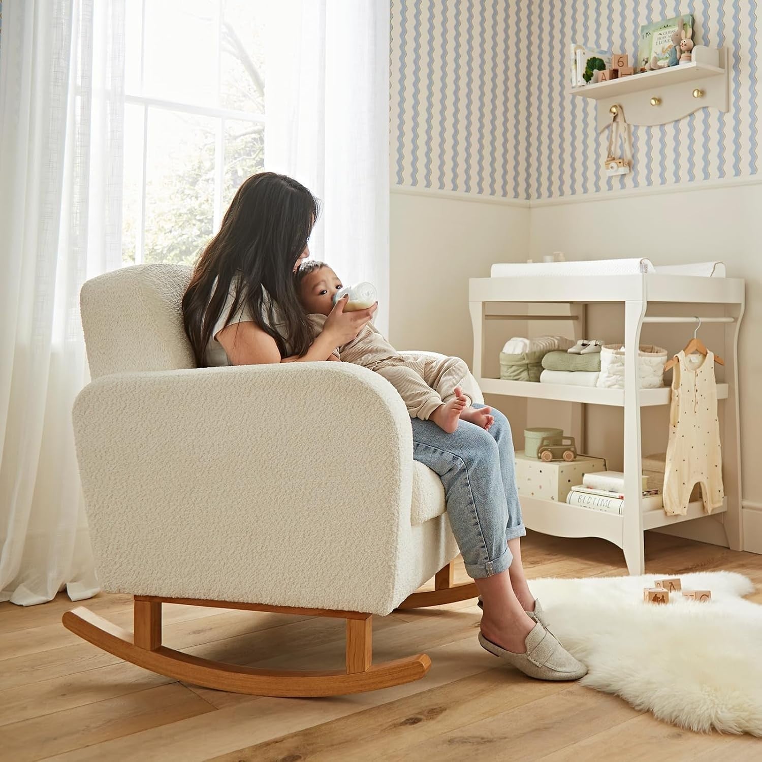 Rocking Nursing Chair Off-White Upholstered Armrest Cozy Maternity Feeding