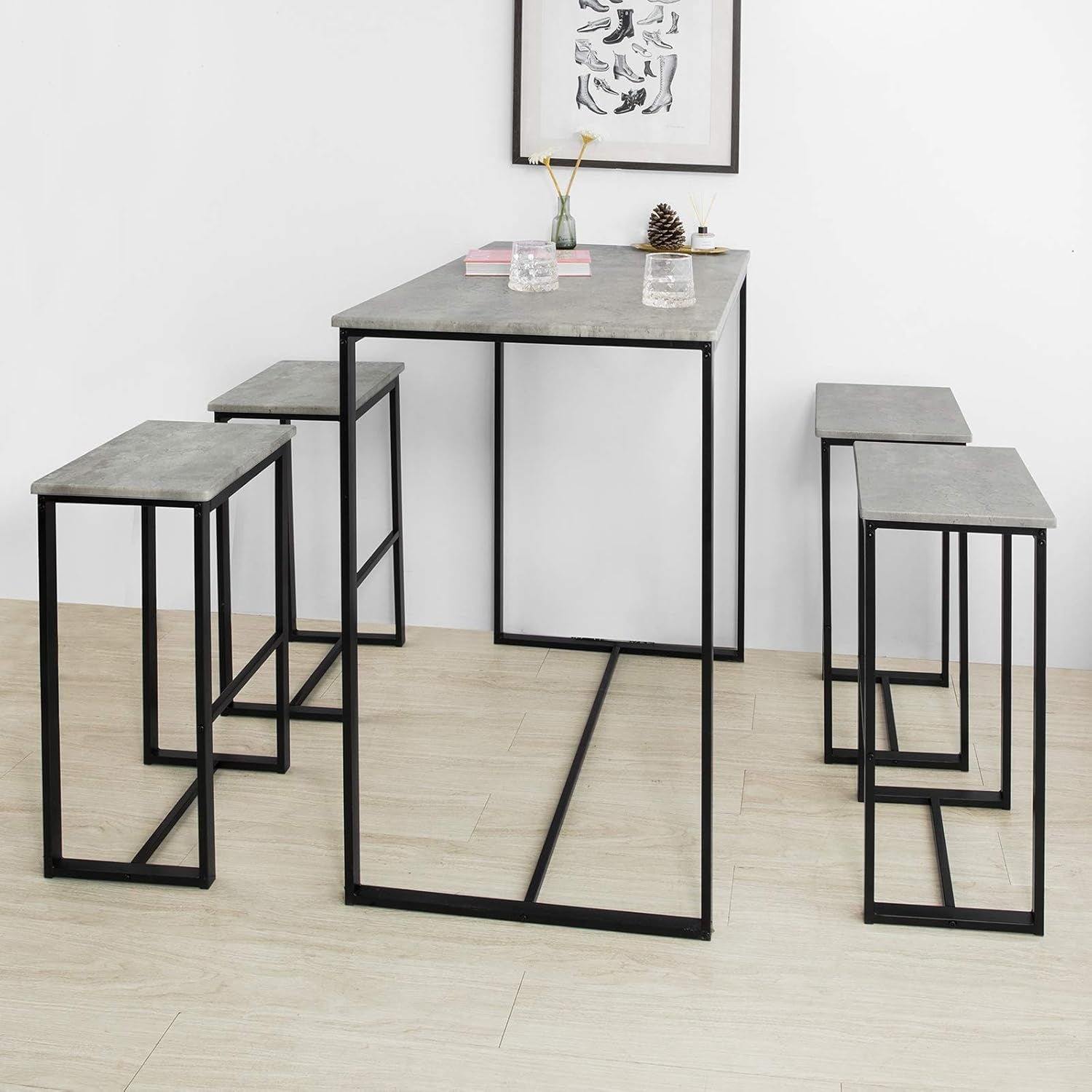 5-Piece Bar Table Set with 4 Stools, Black & Grey Space-Saving Dining Set
