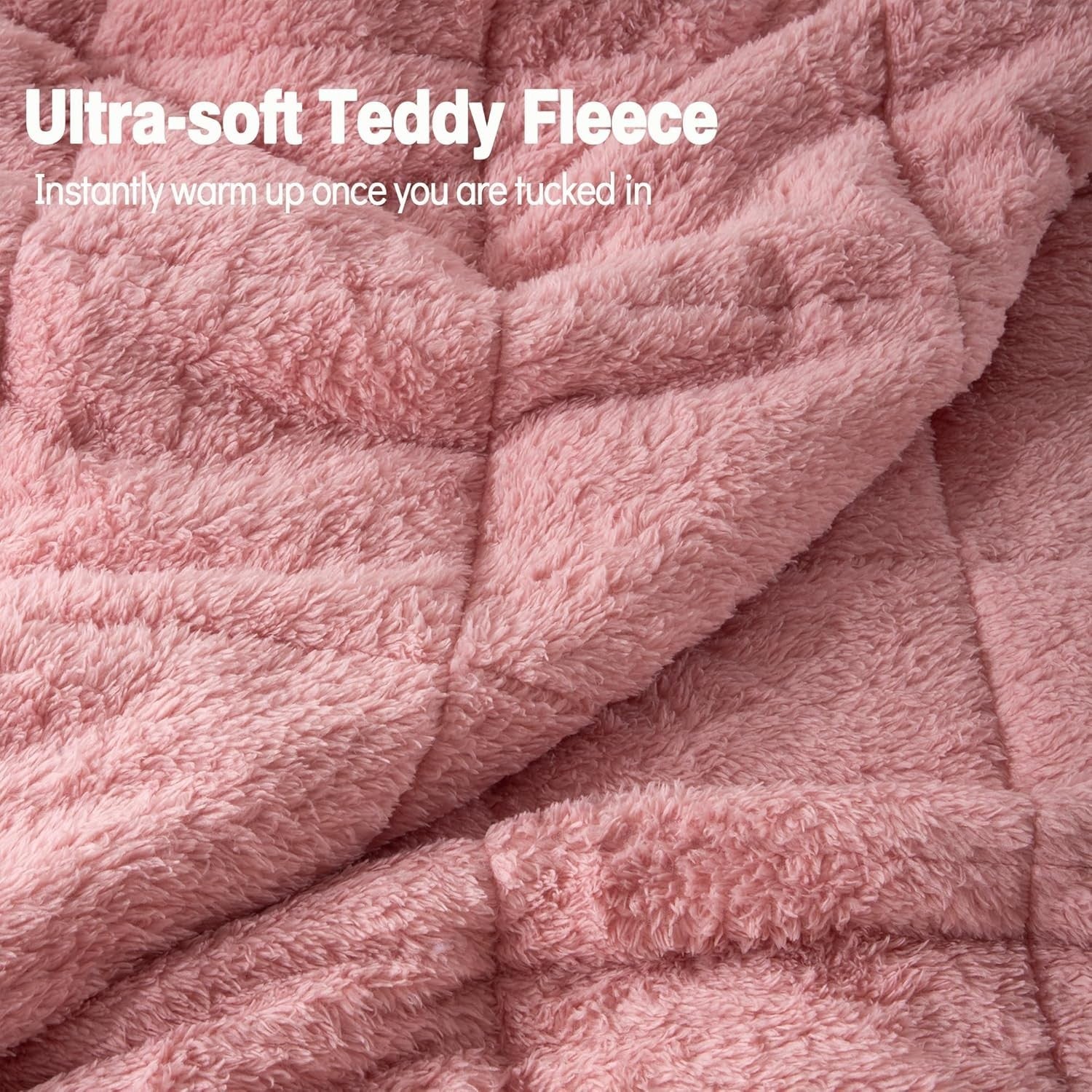 8kg Weighted Blanket, Blush Pink Teddy Fleece Quilted 150x200cm Anxiety Relief