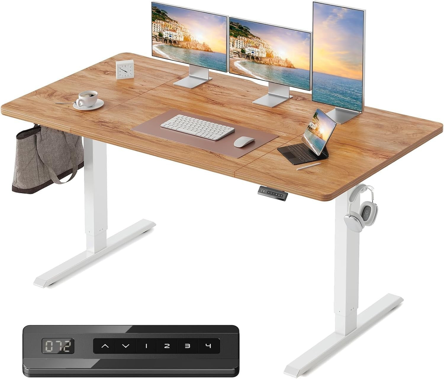 Light Brown 160x80cm Electric Standing Desk with 4 Memory Presets & Quiet Lift