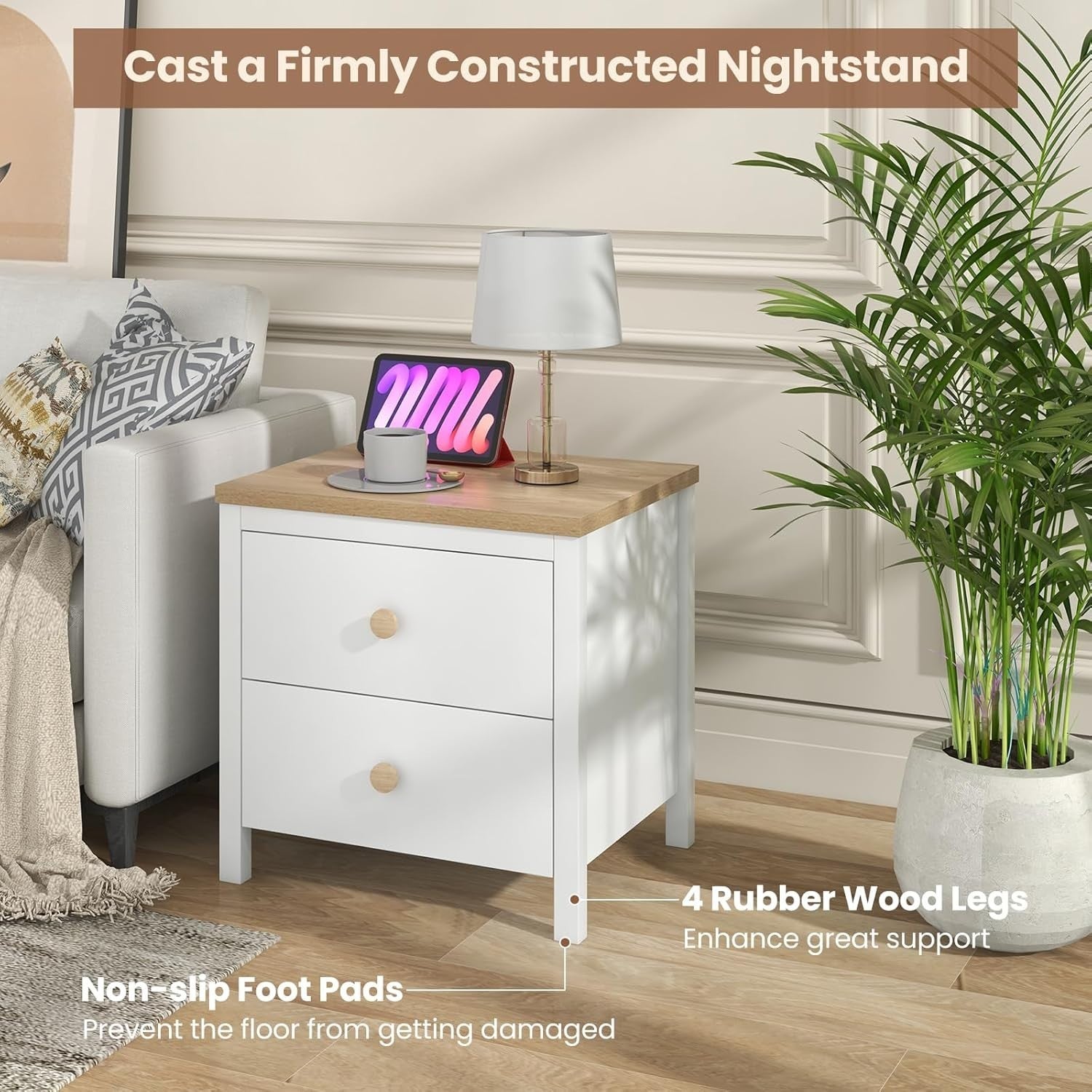 White 2 Drawer Bedside Table with Wood Top – Modern Nightstand