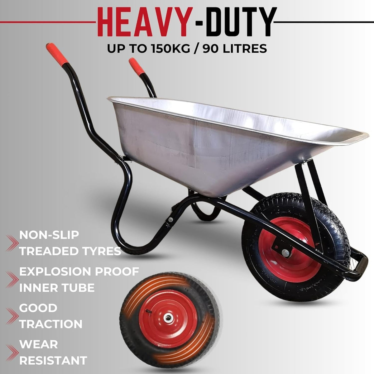 90L Galvanised Wheelbarrow – Metal Tub w/ Pneumatic Tyre & Steel Frame 150kg