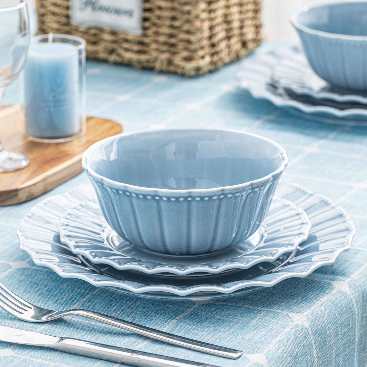12 Piece Porcelain Dinner Set Blue Plates Bowls Microwave Dishwasher Safe