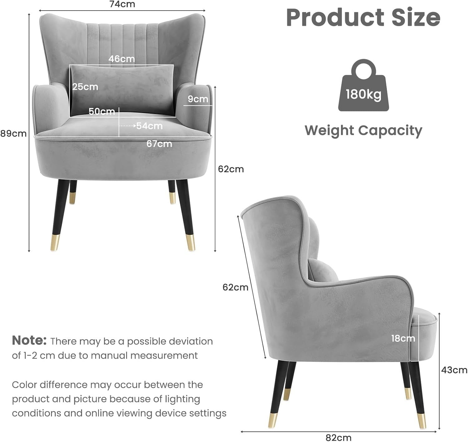 Velvet Accent Chair with Cushion Lounge Armchair for Living Room Office