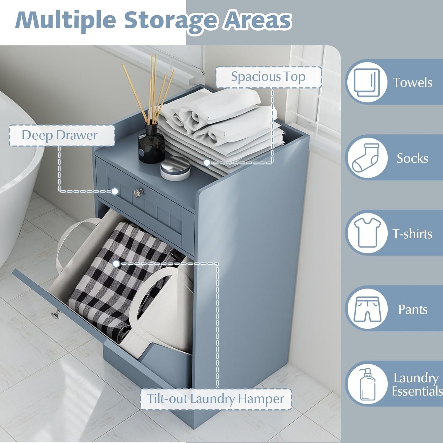 Grey Tilt-Out Laundry Cabinet with Drawer Removable Liner Bathroom Storage Unit
