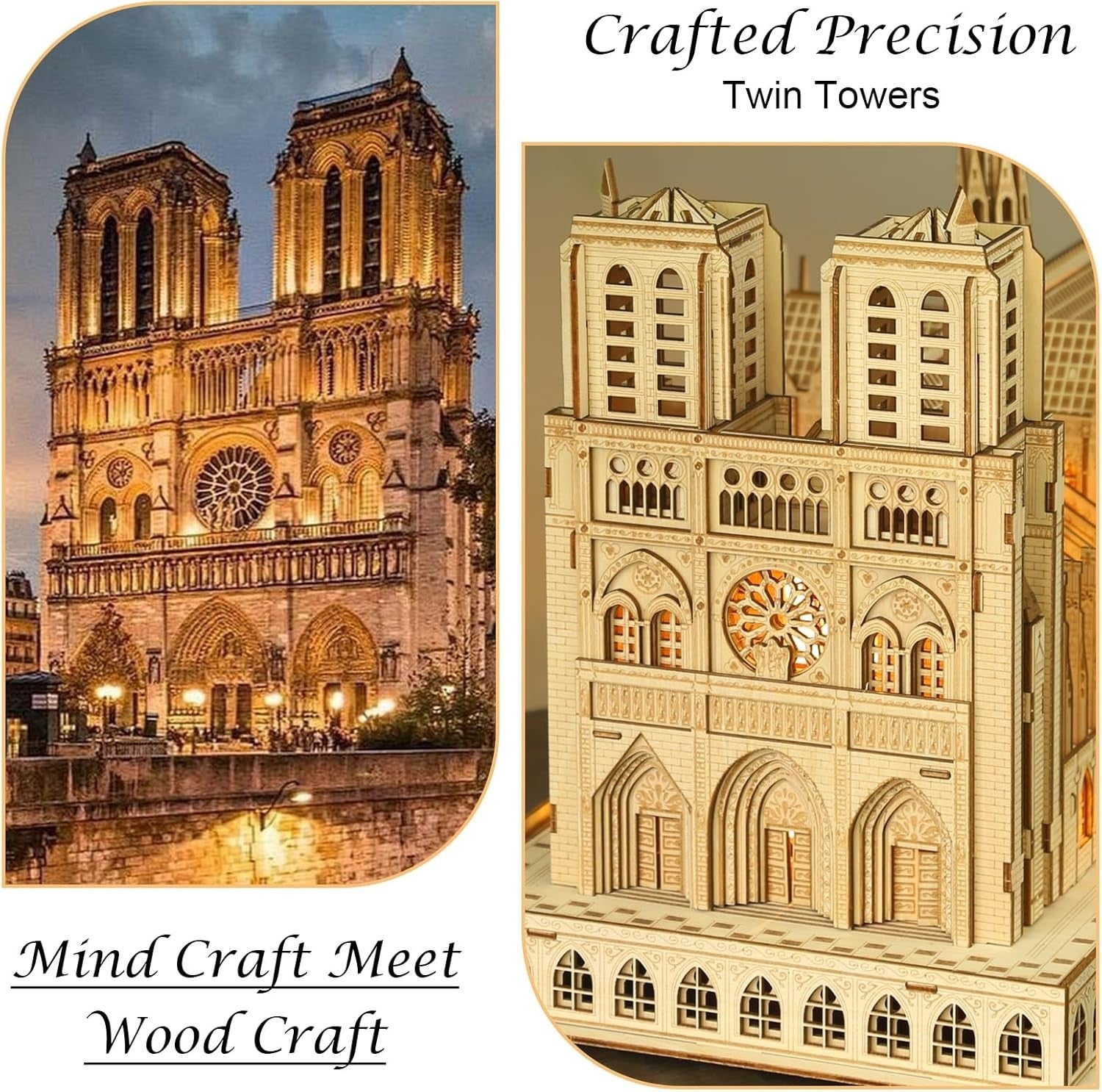 3D Wooden Notre Dame Puzzle with LED Light, DIY Architectural Model Kit