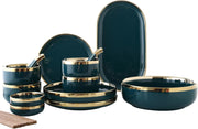 24 Piece Bone China Dinner Set Gold Rim Green Plates Bowls Microwave Safe
